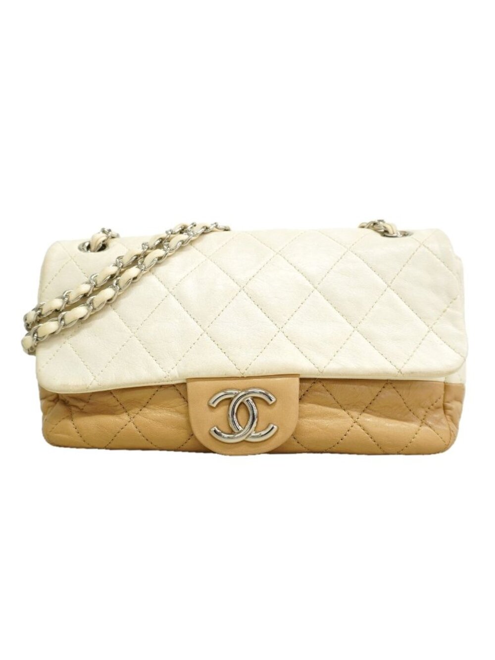 Chanel Shoulder Bag Quilted Calfskin White Brown Silver